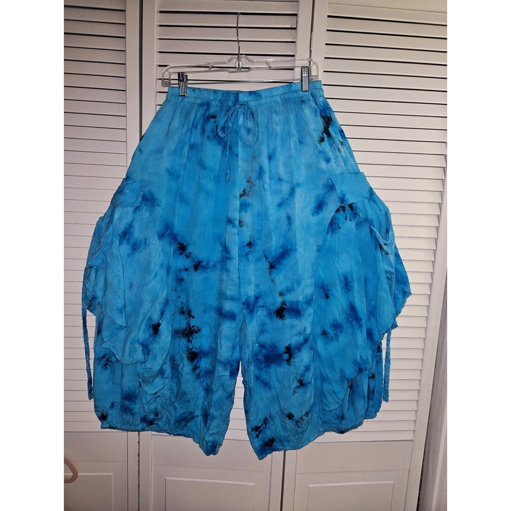 Lotus Flower Blue Tie Dye Harem Cargo Pants Womens Free Size Boho Balloon Rayon